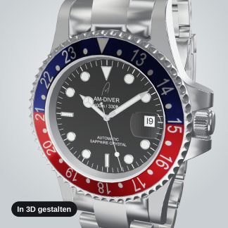 AM-DIVER Taucheruhr mit GMT-Lünette Blau-Rot, im 3D-Konfigurator gestalten